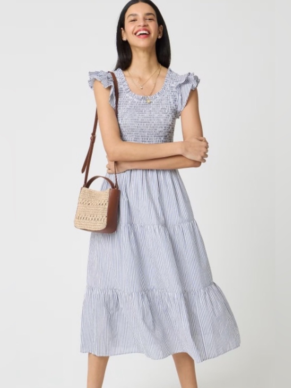 J.Crew Blue White Striped Smocked Flutter Sleeve Midi Dress XS